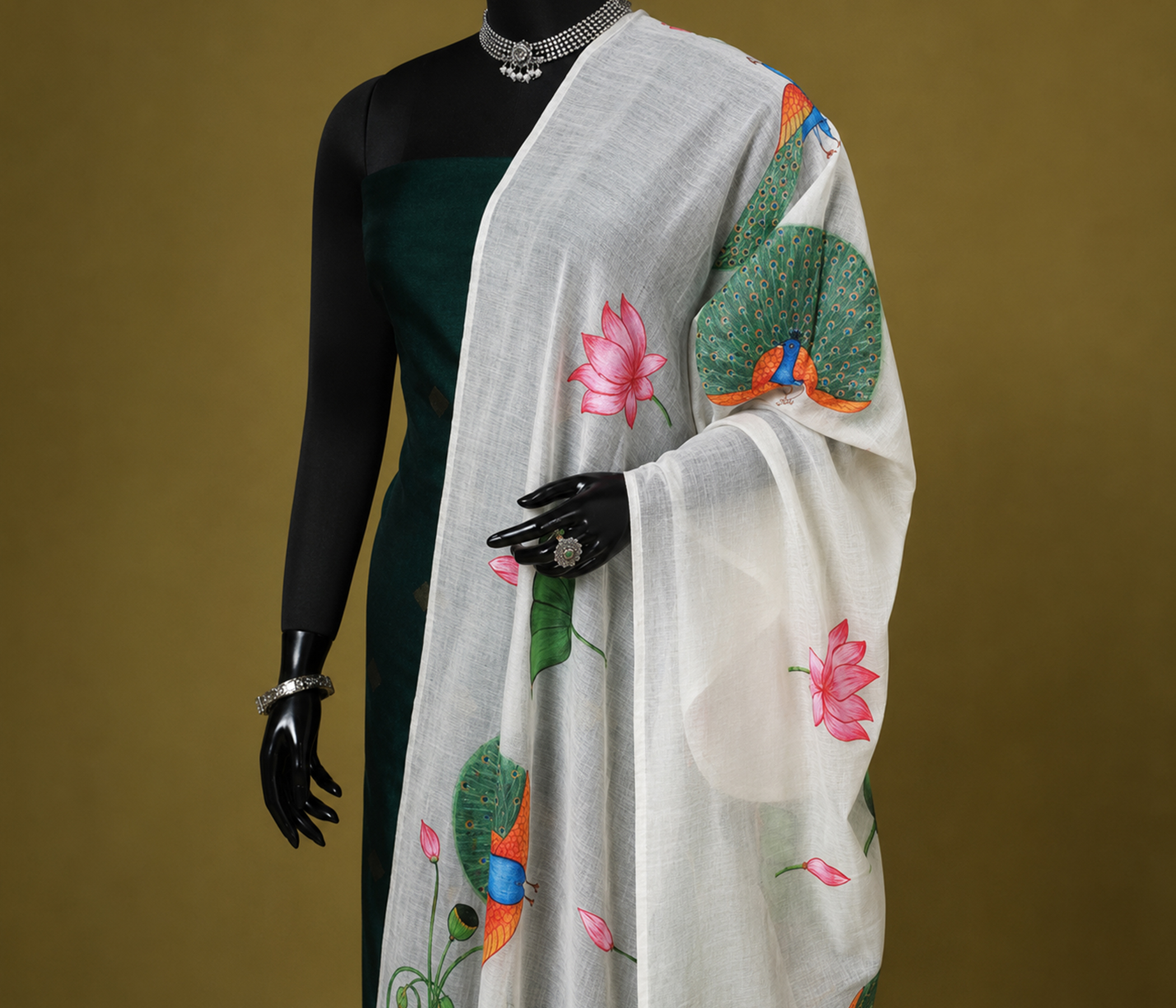 Hand-Painted Offwhite Dupatta with Royal Peacock & Lotus Art